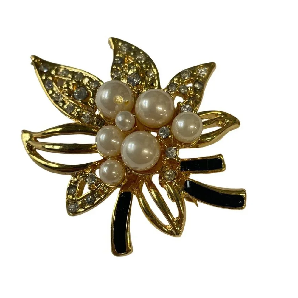 Gold-Tone Faux Pearl‎ & Rhinestone Floral Brooch Pin